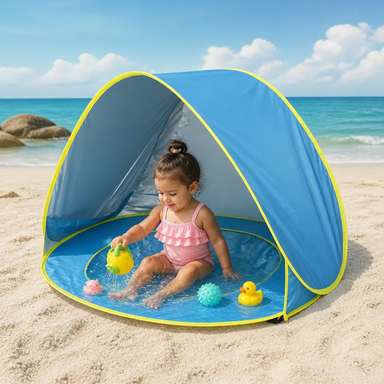 Pop-up baby beach tent with paddling pool – UV protection, folds flat | sun shelter