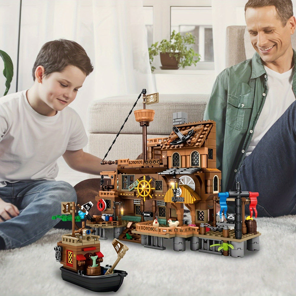 Pirate ship building set with harbour – figures, treasure chest, manual | ages 6+