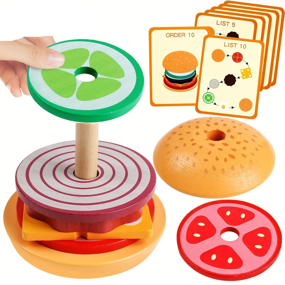Wooden burger stacking toy – Montessori-style, builds fine motor skills | Educational toys for kids