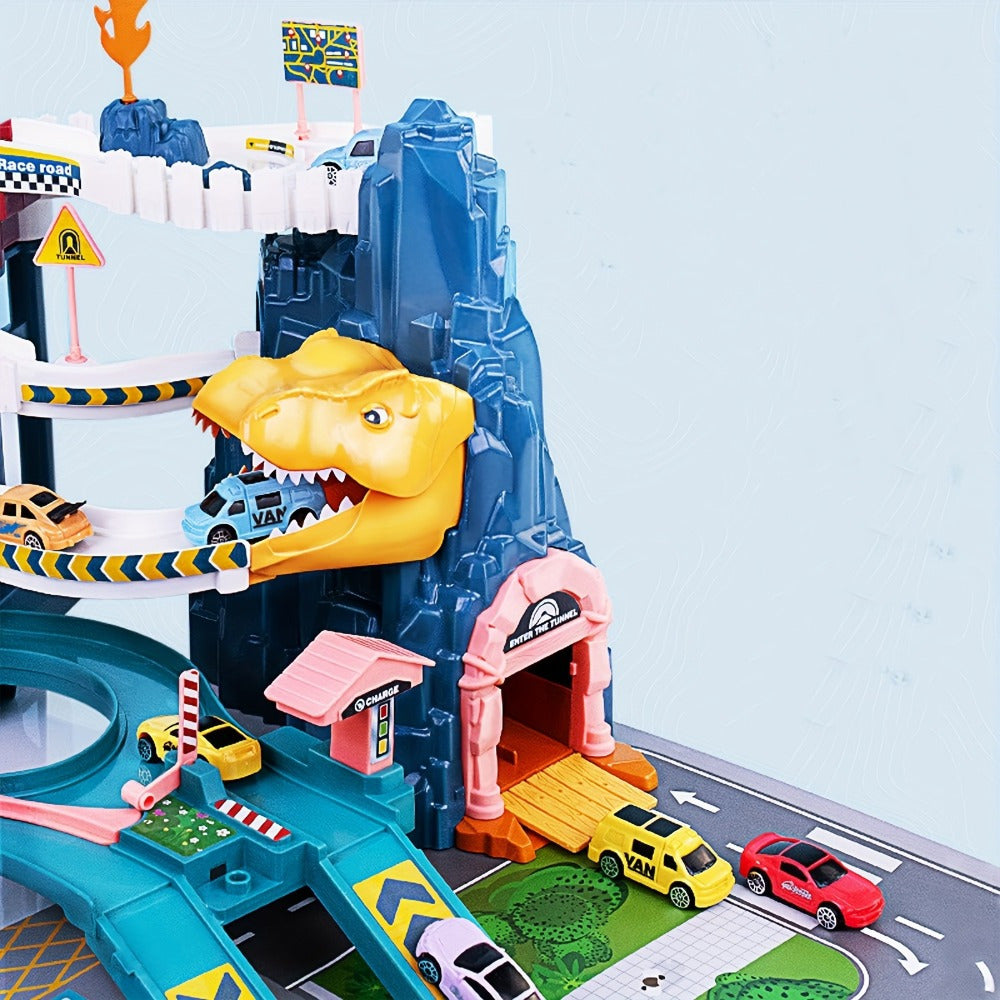Dinosaur race track set with cave and cars – play mat, dino figures, signs | ages 3-6