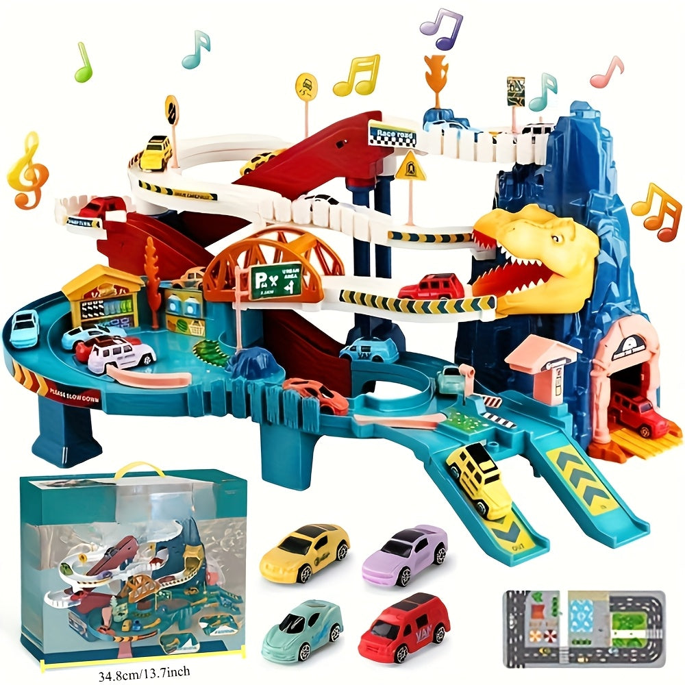 Dinosaur race track set with cave and cars – play mat, dino figures, signs | ages 3-6