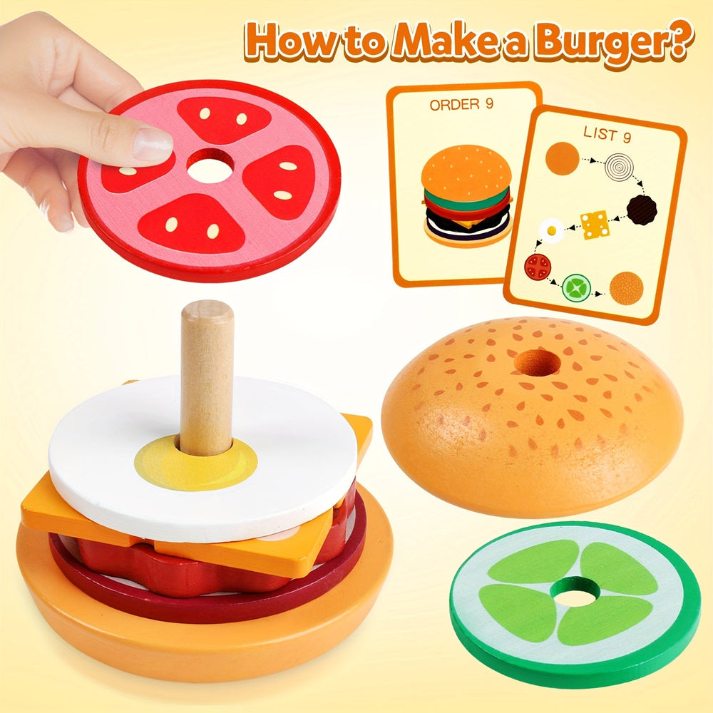 Wooden burger stacking toy – Montessori-style, builds fine motor skills | Educational toys for kids