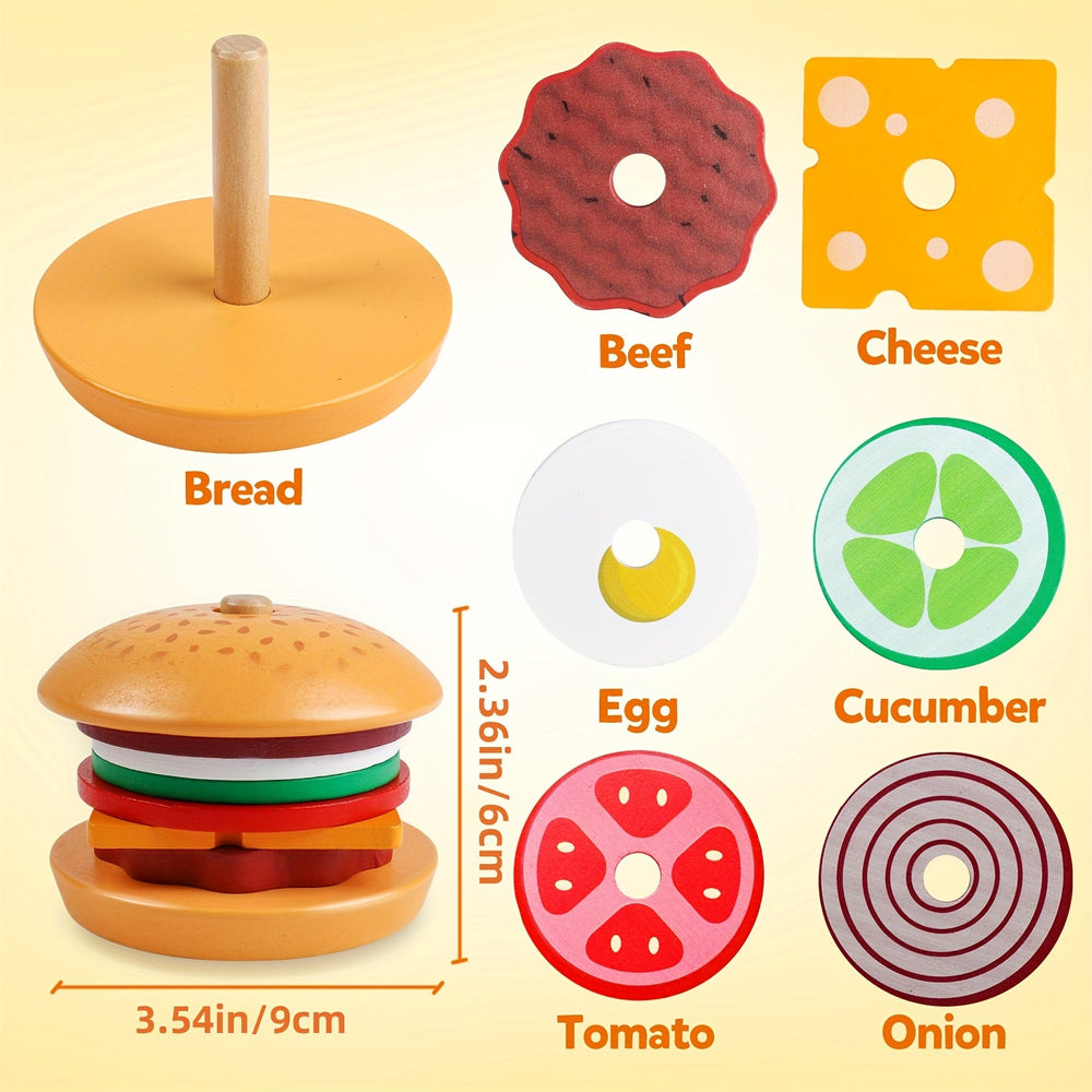 Wooden burger stacking toy – Montessori-style, builds fine motor skills | Educational toys for kids