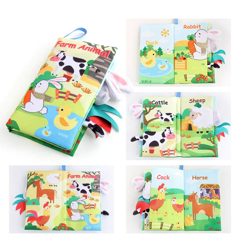 Fabric baby book with tags – sounds, cotton, 15x14 cm | sensory toy