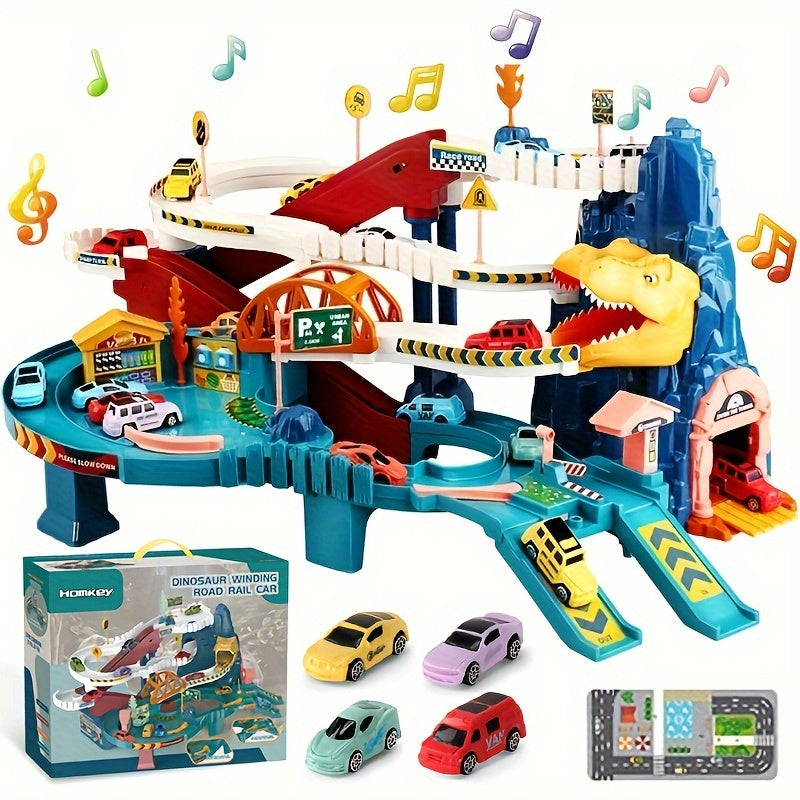 Dinosaur race track set with cave and cars – play mat, dino figures, signs | ages 3-6