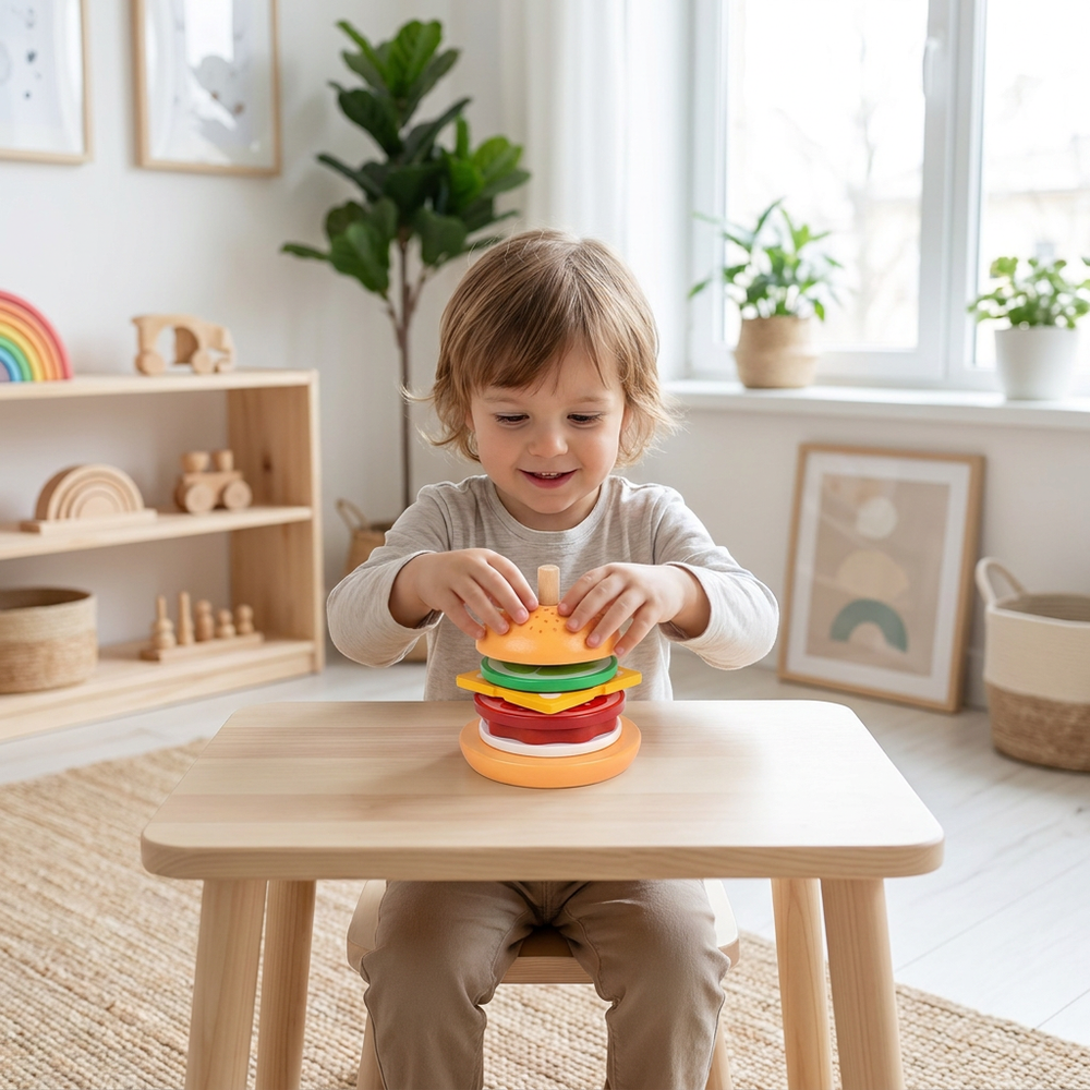 Wooden Montessori stacking toy – burger shape with activity cards | toddlers