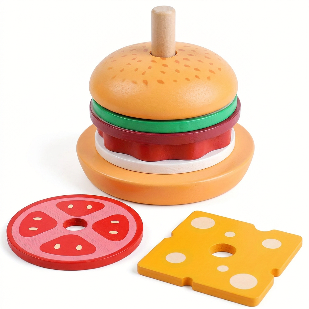 Wooden Montessori stacking toy – burger shape with activity cards | toddlers