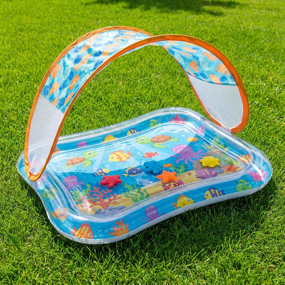 Inflatable baby water play mat with sun canopy – UV protection, cooling fun | Baby pool