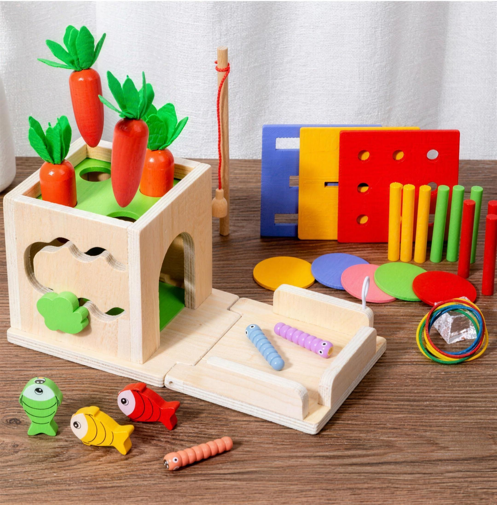 Wooden Montessori activity cube 8-in-1 – Fine motor skills, shapes & colours | Babies 6m+