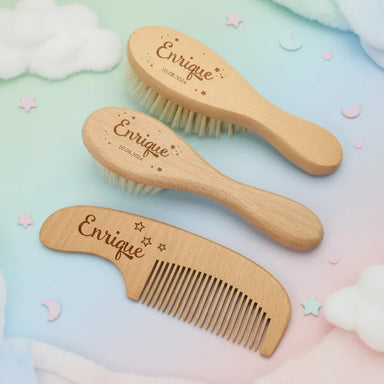 Personalised baby hairbrush with name – soft bristles, wooden handle | newborn gift