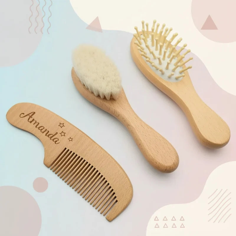 Personalised baby hairbrush with name – soft bristles, wooden handle | newborn gift