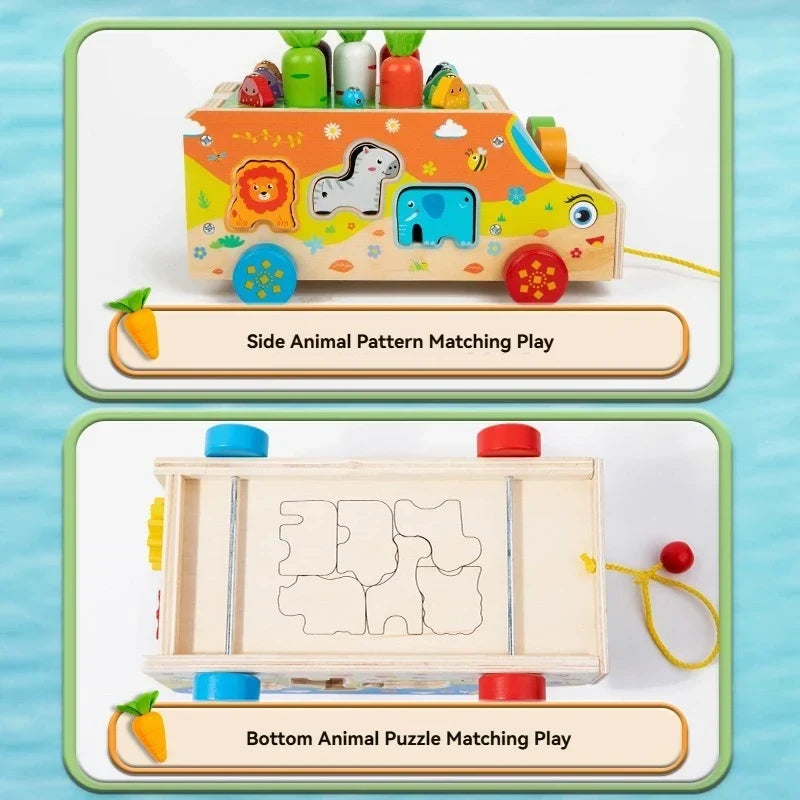 Wooden pull-along cart with fishing game – sorting blocks, animal shapes | Montessori toy
