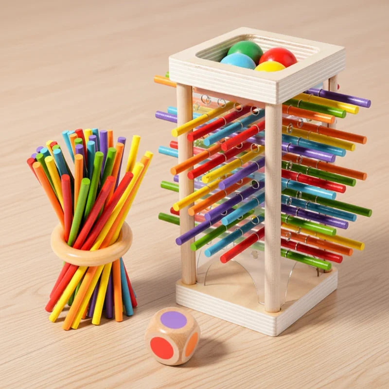 Wooden stick game with colour dice – tower or ring, 2+ players | dexterity game