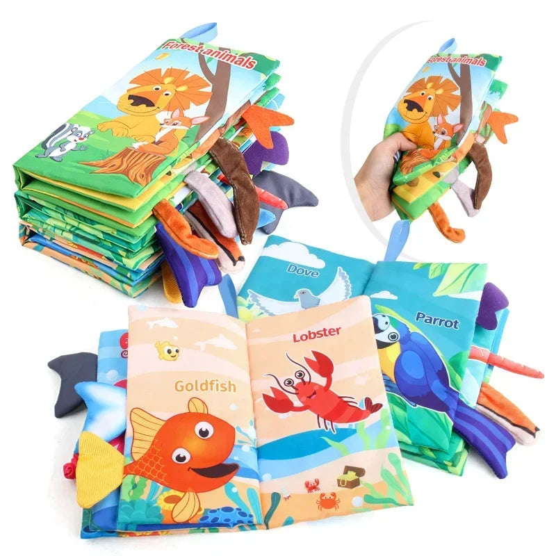 Fabric baby book with tags – sounds, cotton, 15x14 cm | sensory toy