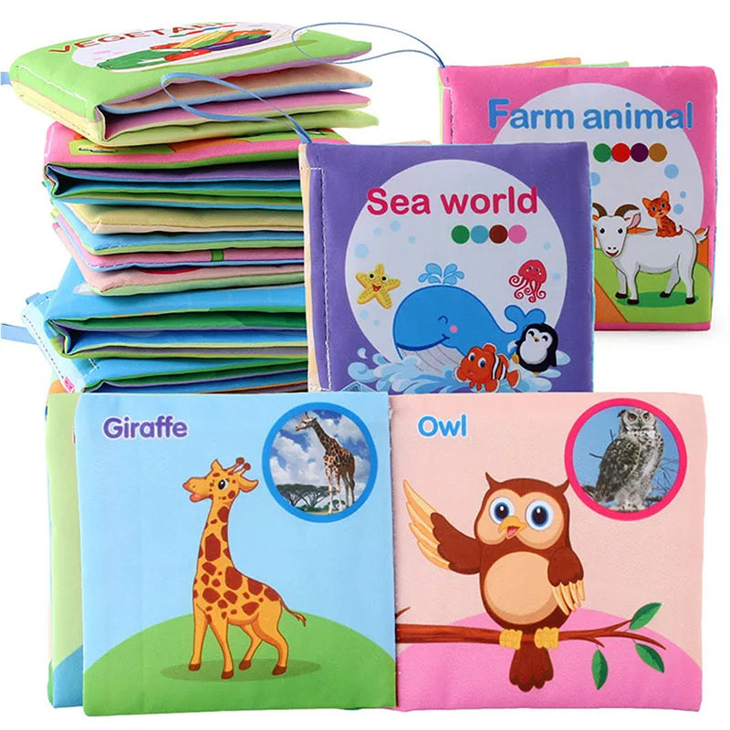 Fabric baby book with tags – sounds, cotton, 15x14 cm | sensory toy