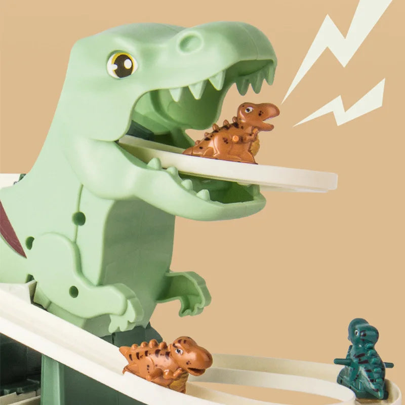 Racetrack with stairs, slide and dino figures – music and LED lights | play set for kids