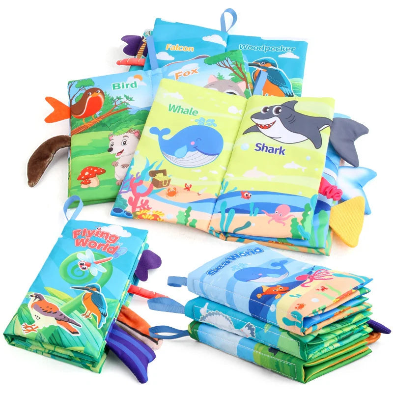 Fabric baby book with tags – sounds, cotton, 15x14 cm | sensory toy