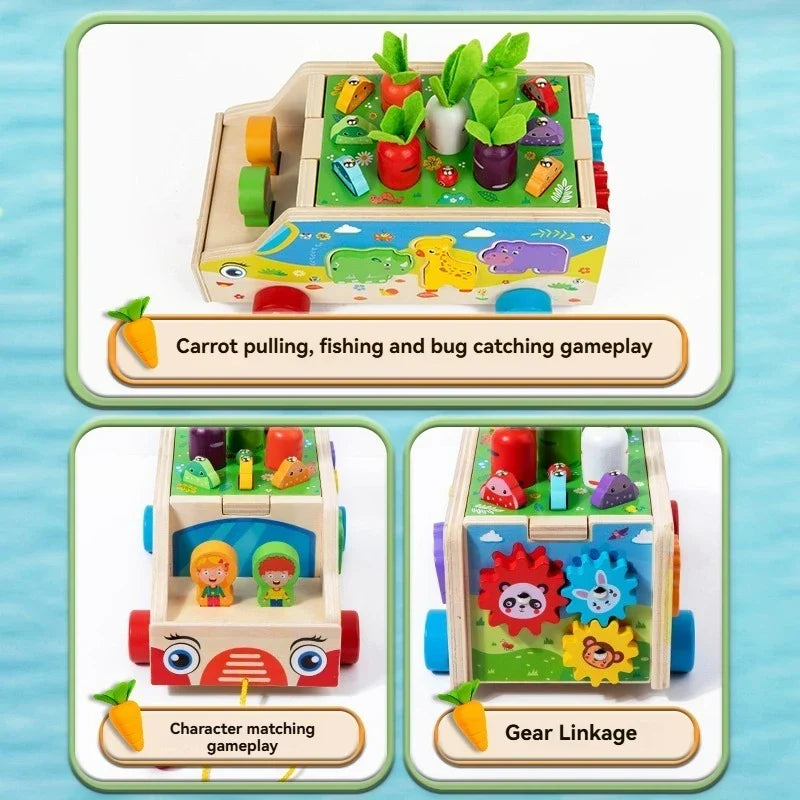 Wooden pull-along cart with fishing game – sorting blocks, animal shapes | Montessori toy