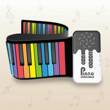Roll-up kids piano with 49 colour-coded keys – foldable, records melodies | Musical toys