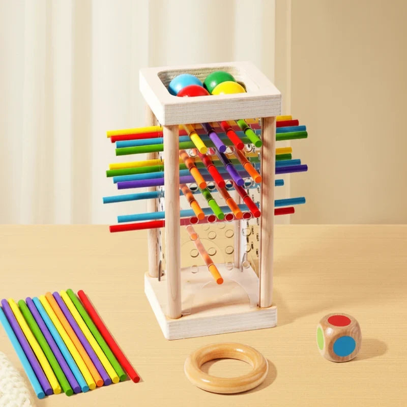 Wooden stick game with colour dice – tower or ring, 2+ players | dexterity game
