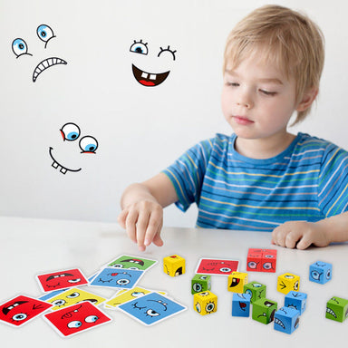 Montessori face game teaches emotions – wooden blocks, card prompts | ages 3+