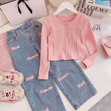 Girls' denim trousers and top set – soft cotton, elastic waist | 2-piece outfit