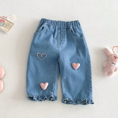 Girls' denim jeans with pink hearts – elasticated waist, soft cotton | toddler & kids