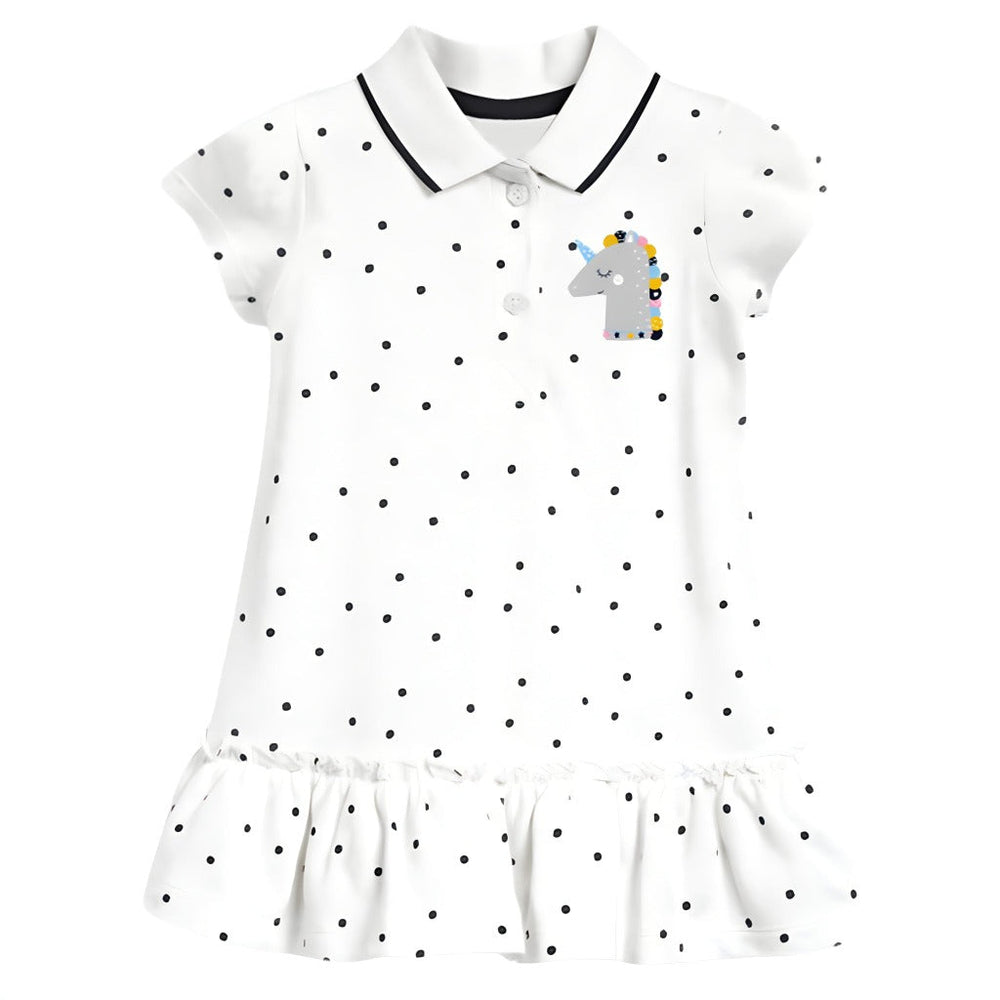 Unicorn polo dress with polka dots – soft cotton, button collar | girls