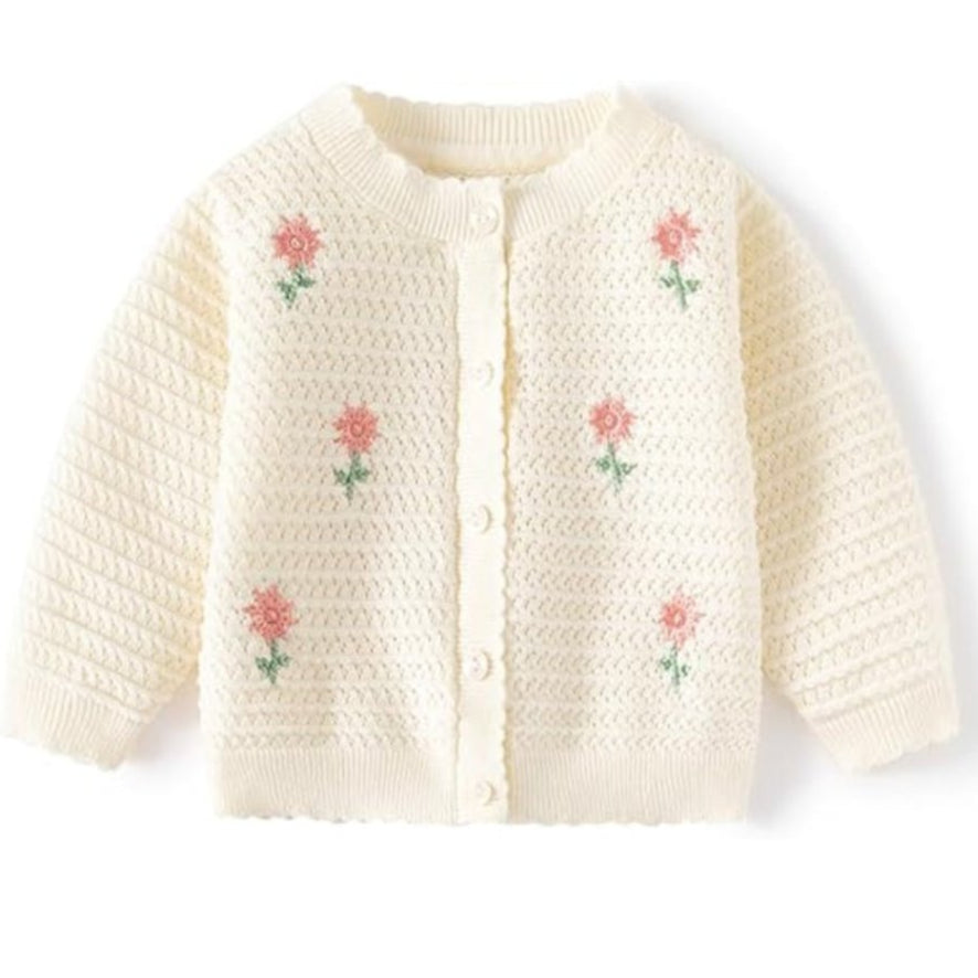 Floral baby girls' cardigan – soft cotton, button-up, long sleeves | knitwear