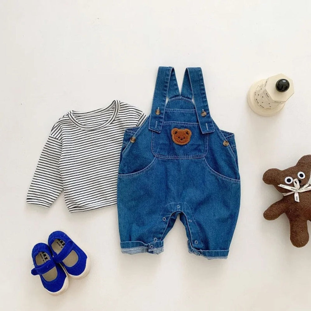 Denim jumpsuit and striped top set – bear applique, adjustable straps | Baby outfit