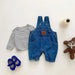 Denim jumpsuit and striped top set – bear applique, adjustable straps | Baby outfit