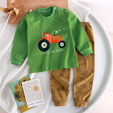 Boys' cotton tractor print set – jumper, trousers, elastic waistband | playwear