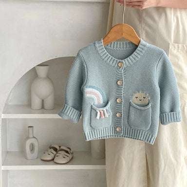 Knitted cotton cardigan with rainbow and sun appliqués – soft, button-front, ribbed cuffs | girls