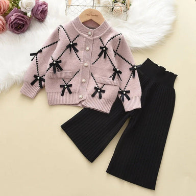 Knitted girls' set with pearls and bows – cardigan and trousers | baby and toddler outfit