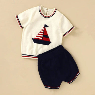 Knitted baby & toddler set for summer – soft cotton, sailboat print | 2-piece outfit