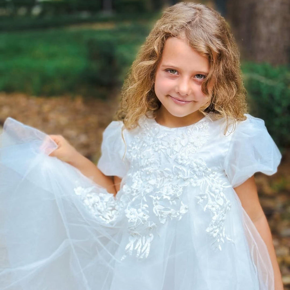 Flower girl dress with tulle skirt – satin top, floral appliqués, removable bow | occasion wear