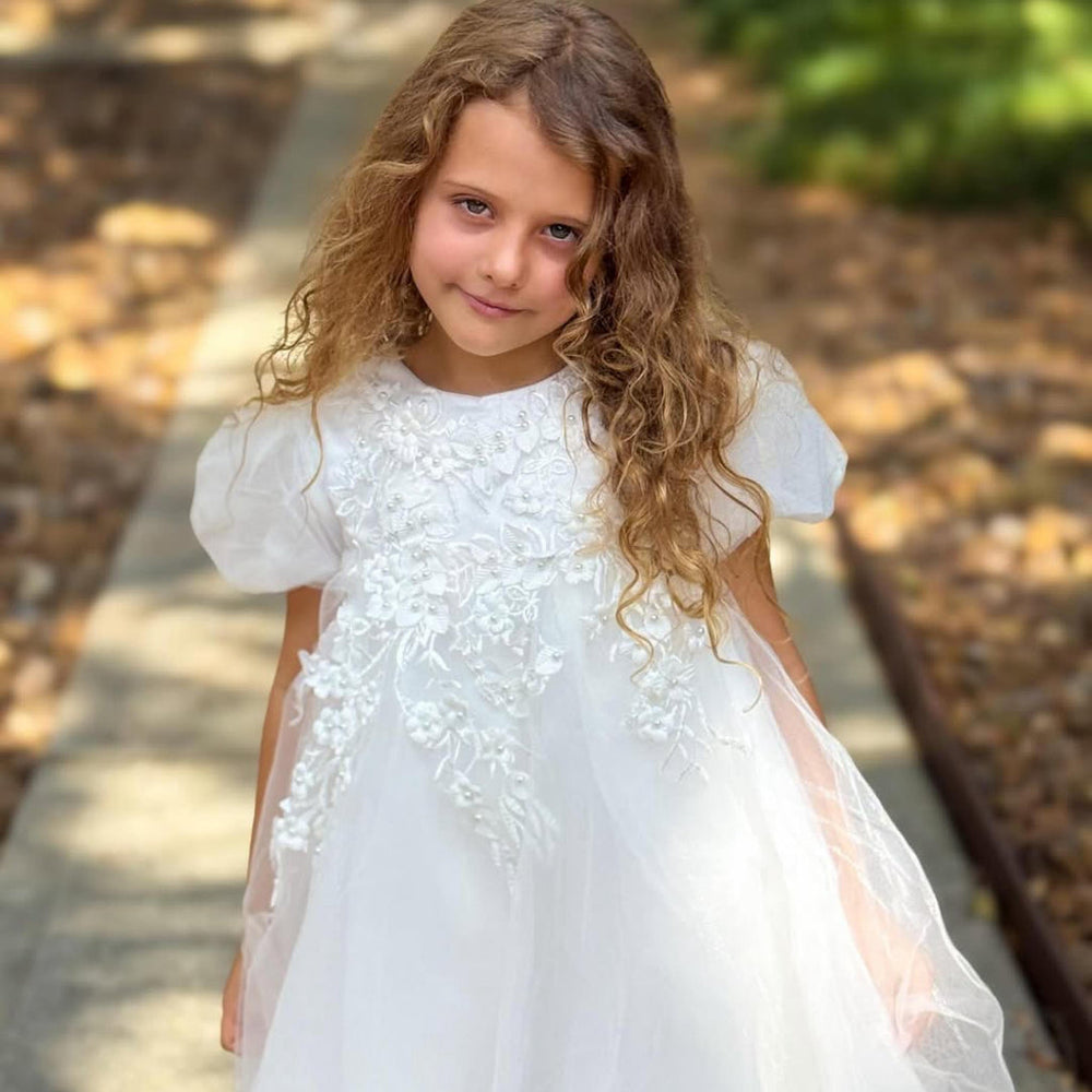 Flower girl dress with tulle skirt – satin top, floral appliqués, removable bow | occasion wear