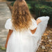 Flower girl dress with tulle skirt – satin top, floral appliqués, removable bow | occasion wear