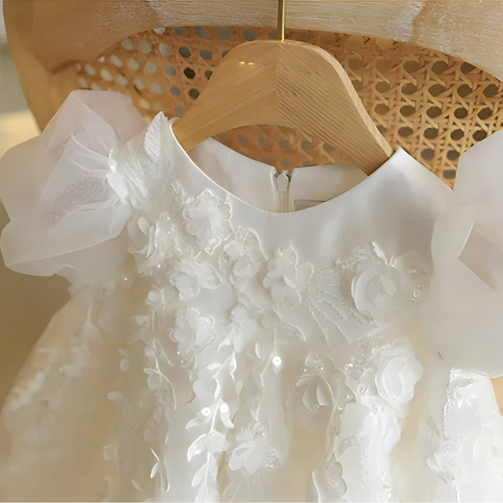 Flower girl dress with tulle skirt – satin top, floral appliqués, removable bow | occasion wear