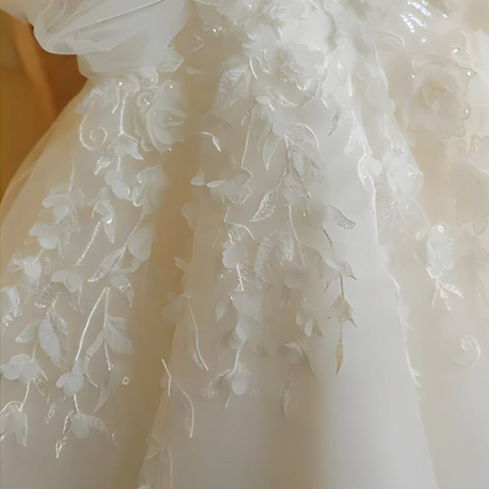 Flower girl dress with tulle skirt – satin top, floral appliqués, removable bow | occasion wear