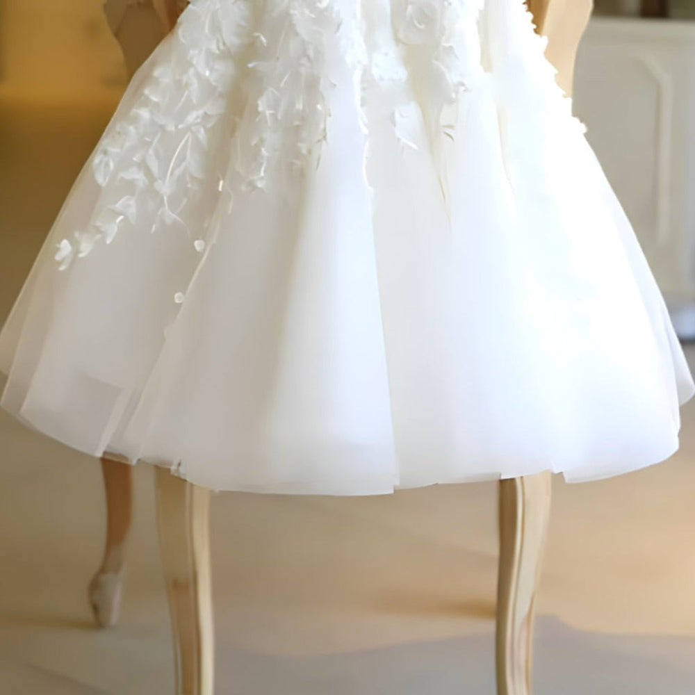 Flower girl dress with tulle skirt – satin top, floral appliqués, removable bow | occasion wear
