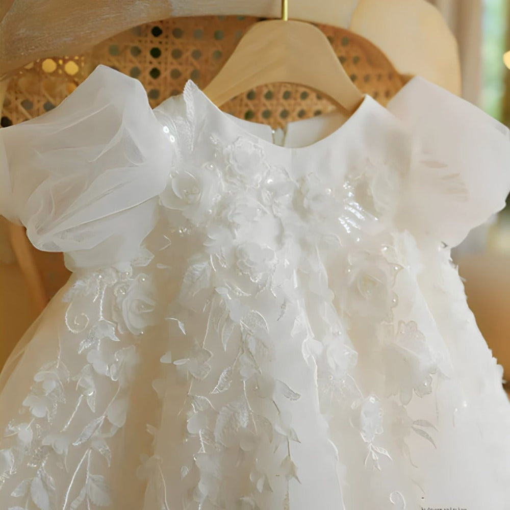 Flower girl dress with tulle skirt – satin top, floral appliqués, removable bow | occasion wear