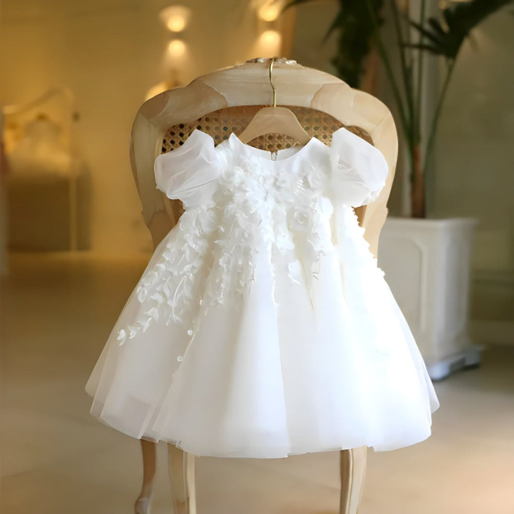 Flower girl dress with tulle skirt – satin top, floral appliqués, removable bow | occasion wear