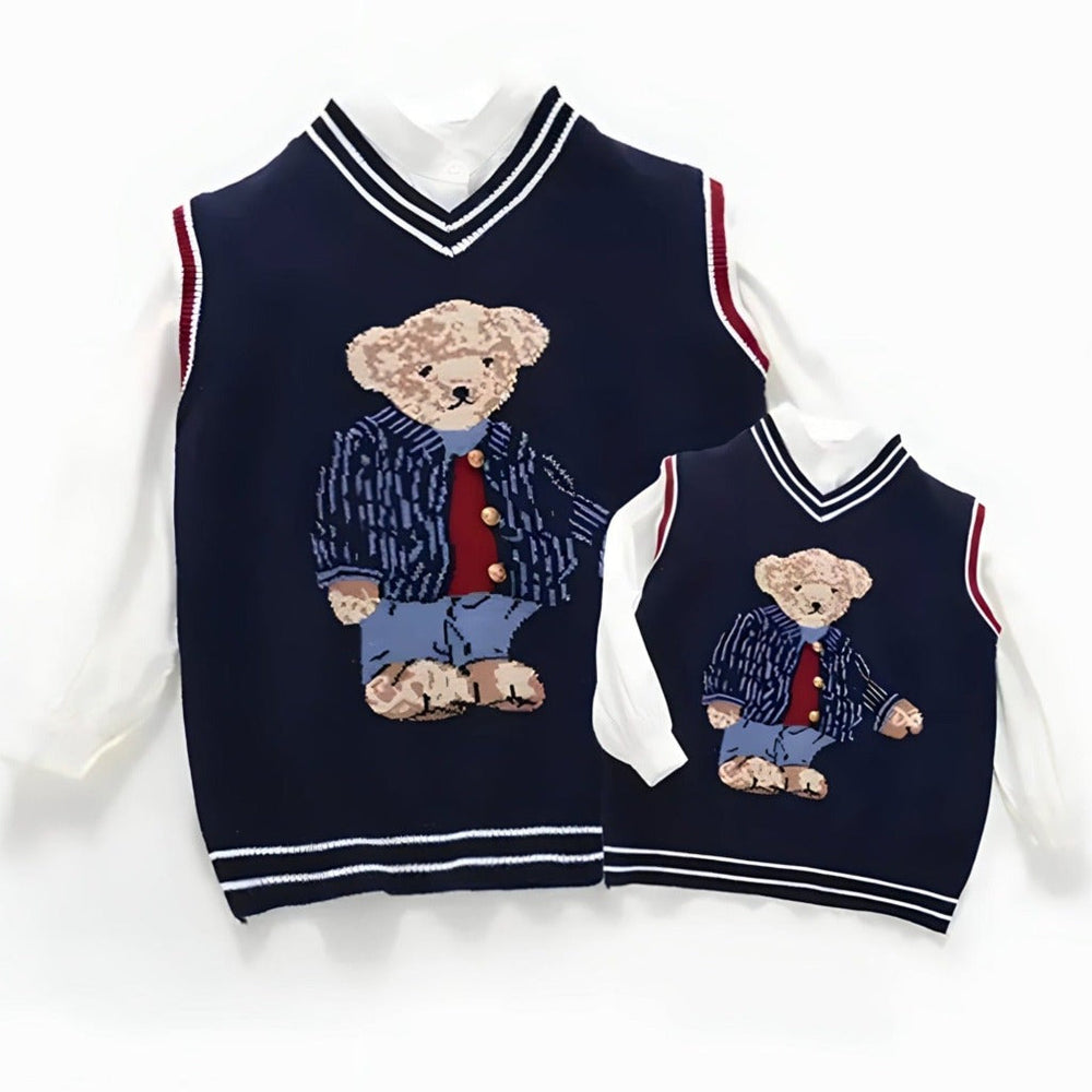 Knitted cotton sleeveless pullover with bear print – soft, breathable, ribbed trims | toddler jumper