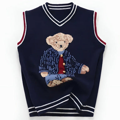 Knitted cotton sleeveless pullover with bear print – soft, breathable, ribbed trims | toddler jumper