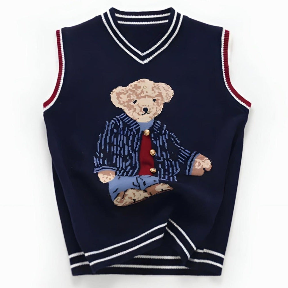 Knitted cotton sleeveless pullover with bear print – soft, breathable, ribbed trims | toddler jumper