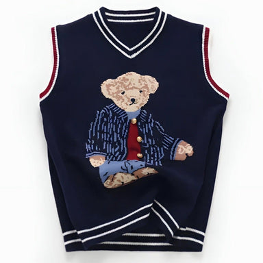 Knitted cotton sleeveless pullover with bear print – soft, breathable, ribbed trims | toddler jumper