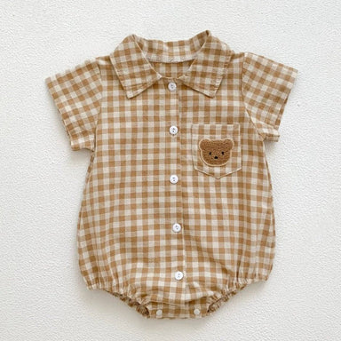Checked baby romper with buttons – soft cotton, bear embroidery | unisex