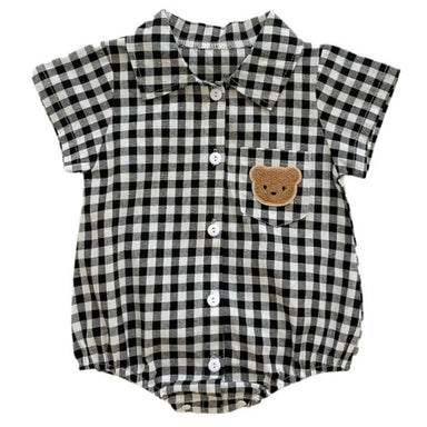 Checked baby romper with buttons – soft cotton, bear embroidery | unisex
