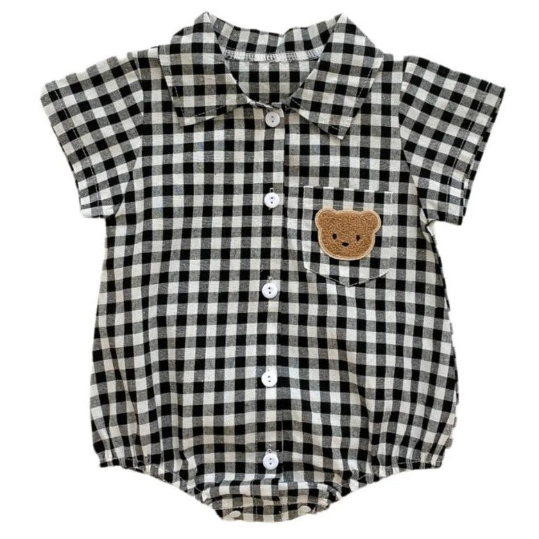 Checked baby romper with buttons – soft cotton, bear embroidery | unisex